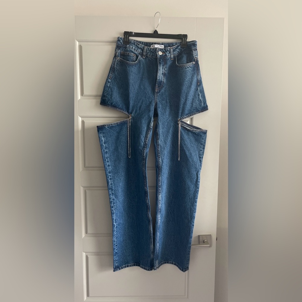 Zara Women's Blue Jeans with slit and rhinestone details